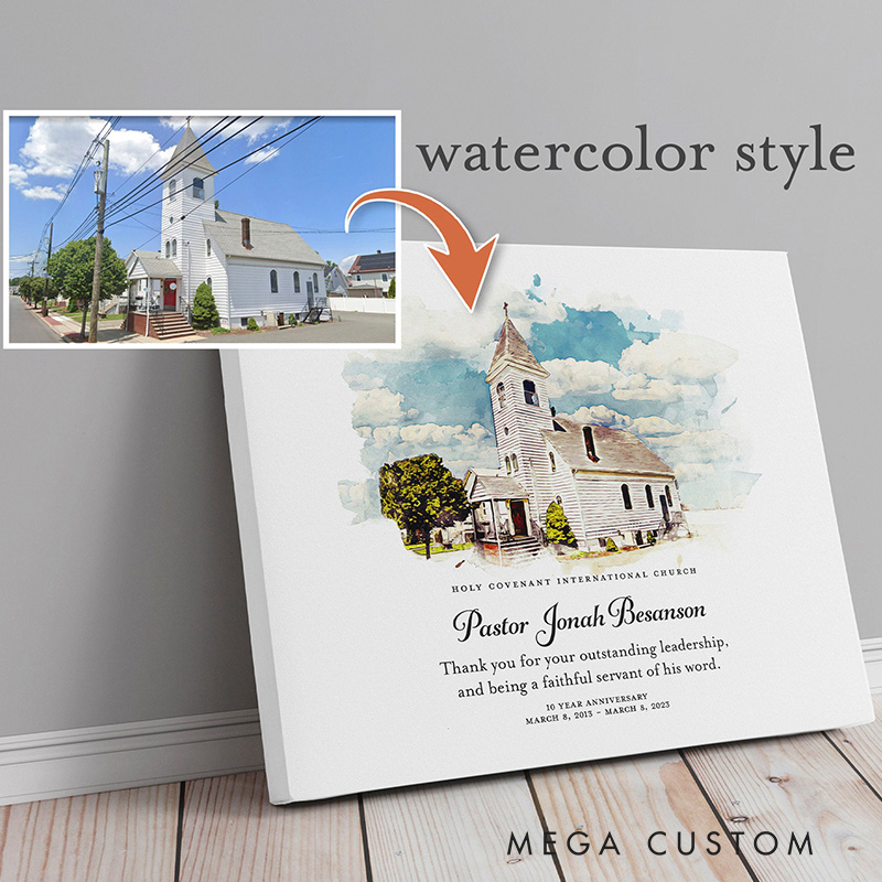 Personalized Your Church Photo Frameless Canvas Painting with Name Date Wall Decor Retirement Anniversary Installation Gift Pastor Appreciation Gift