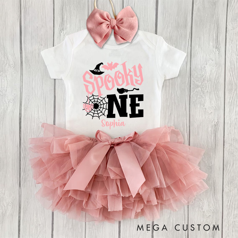 Personalized Spooky One Baby Tutu Skirt with Halloween Theme and Pink Tulle Perfect for First Birthday Fun