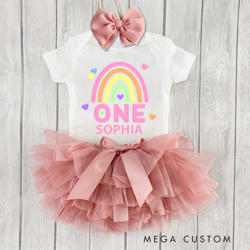 Personalized Rainbow One Baby Tutu Skirt with Colorful Print and Pink Tulle for Joyful First Birthdays