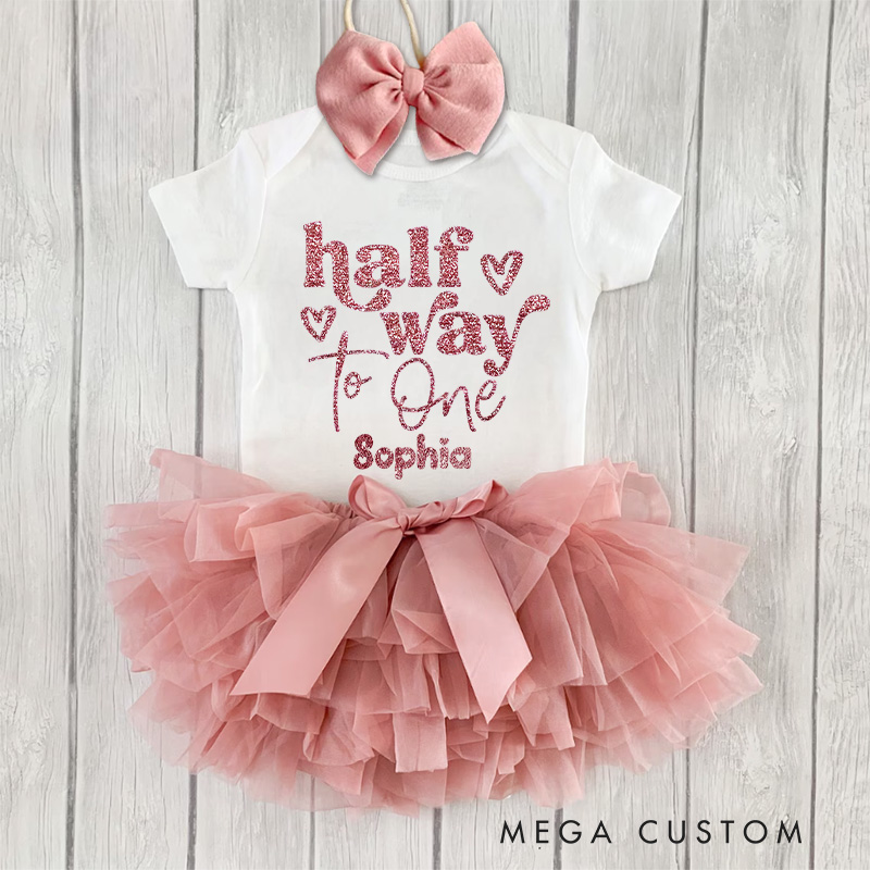 Personalized Halfway to One Baby Tutu Skirt with Cute Milestone Design and Soft Pink Tulle for Special Days