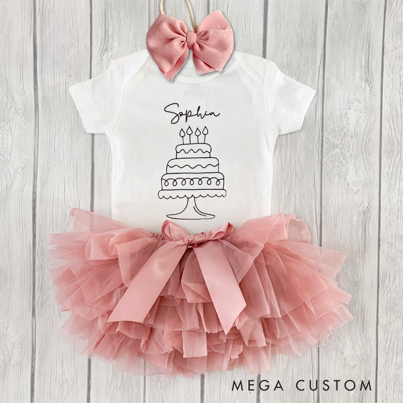 Personalized Name Cake Baby Tutu Skirt Featuring Adorable Cake Design and Pink Tulle for Birthday Fun