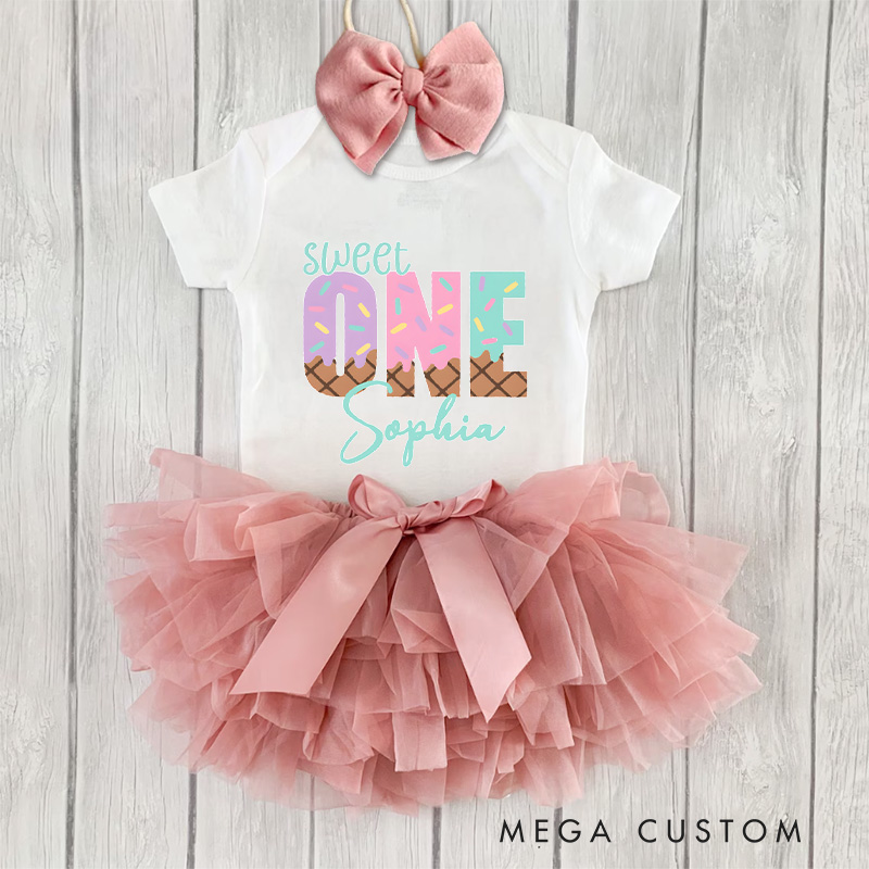 Personalized Sweet One Baby Tutu Skirt with Colorful Design and Pink Tulle for First Birthdays