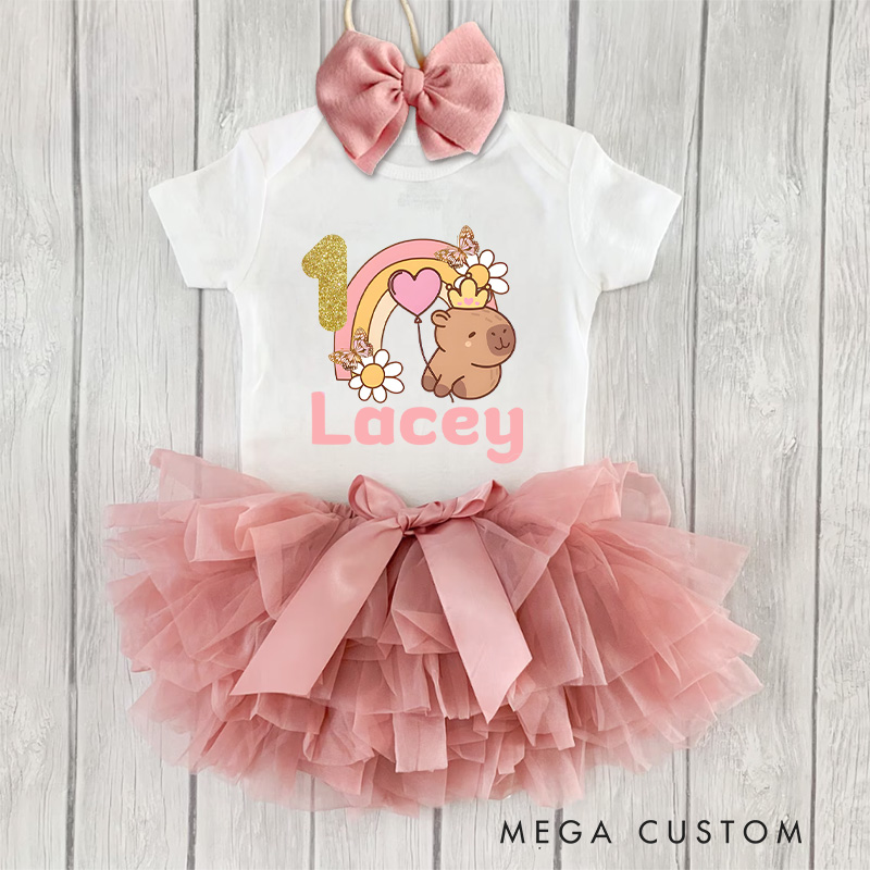 Personalized Rainbow Capybara Baby Tutu Skirt with Cute Animal and Colorful Design for First Birthday Celebrations