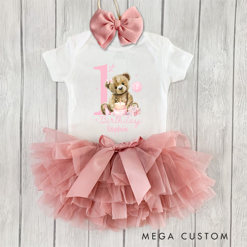 Personalized Teddy Bear One Baby Tutu Skirt with Adorable Bear Design and Pink Tulle for First Birthday Celebrations