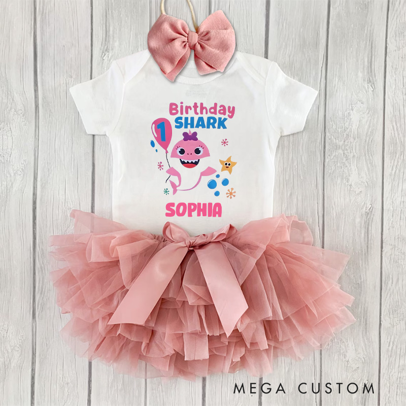 Personalized Birthday Shark Baby Tutu Skirt with Fun Ocean Theme and Pink Tulle for Joyful Birthday Celebrations