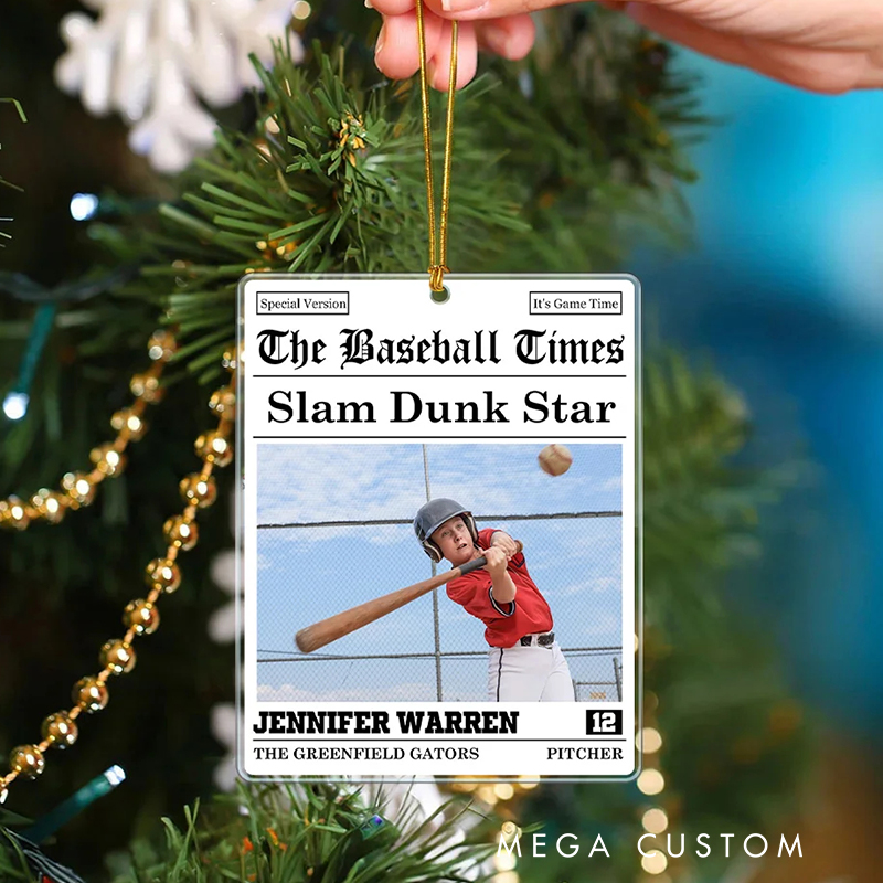 Personalized The Sports Times Baseball Newspaper Design Acrylic Christmas Ornament with Custom Photo and Text