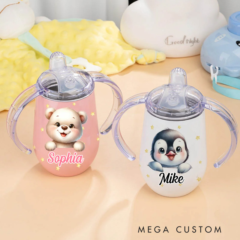 Personalized Cute Fantasy Unicorn Bear Animal 10 oz Insulated Sippy Cup with Name and Handle Baby Shower Birthday Gift for Toddler Kid