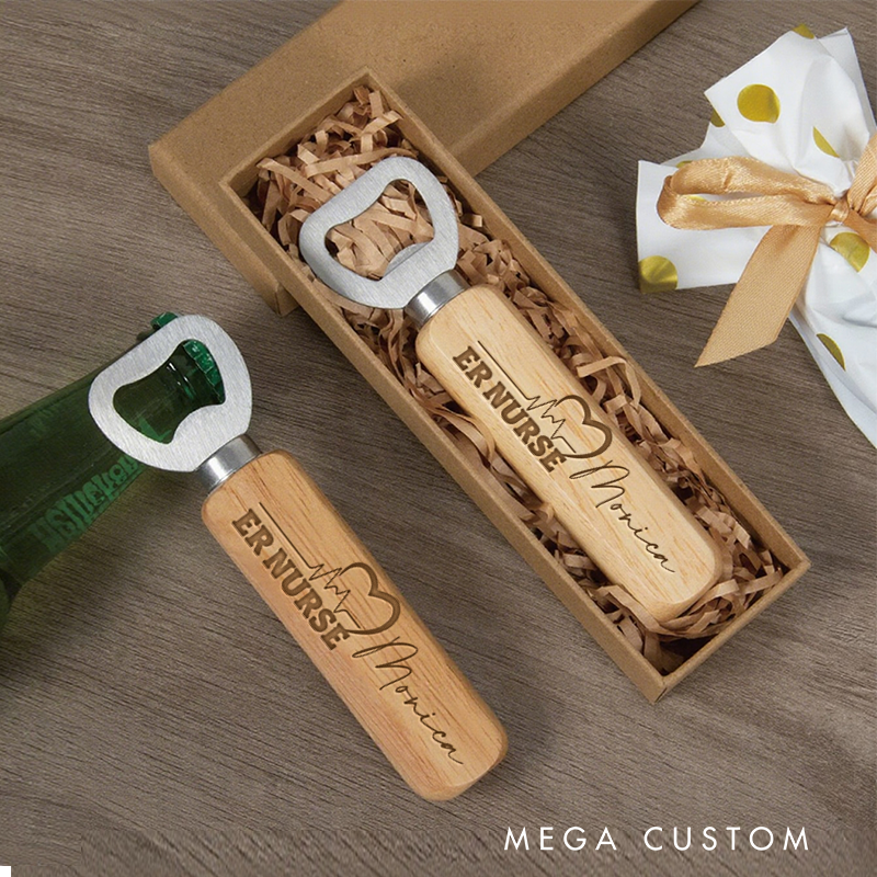 Personalized Wooden Handled Bottle Opener with Custom ER Nurse Design Gift for Nurse