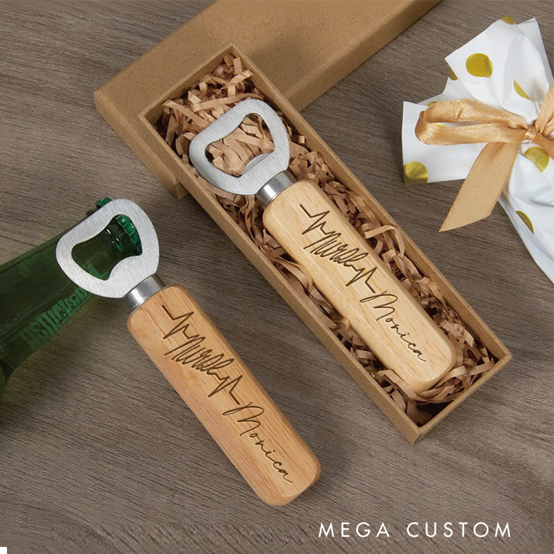 Personalized Wooden Handled Bottle Opener with Custom Heartbeat Design Gift for Nurse