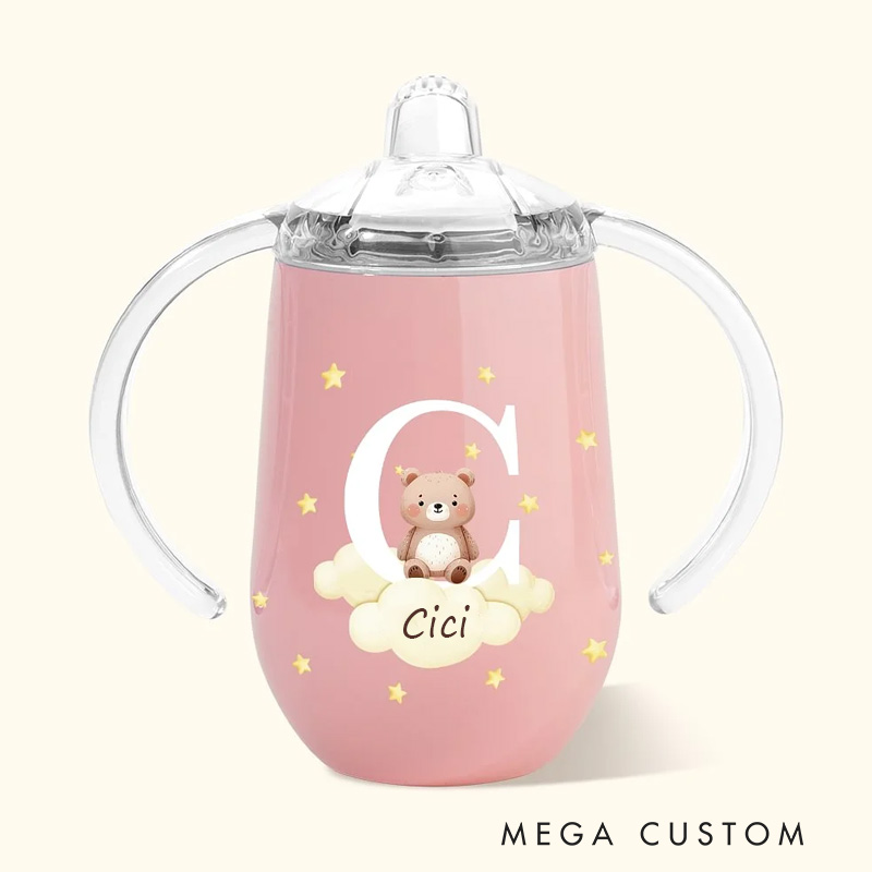 Personalized Initial Forest Animals Insulated Name Sippy Cup with Lid and Handle Birthday Baby Shower Back to School Gift for Toddler Kids