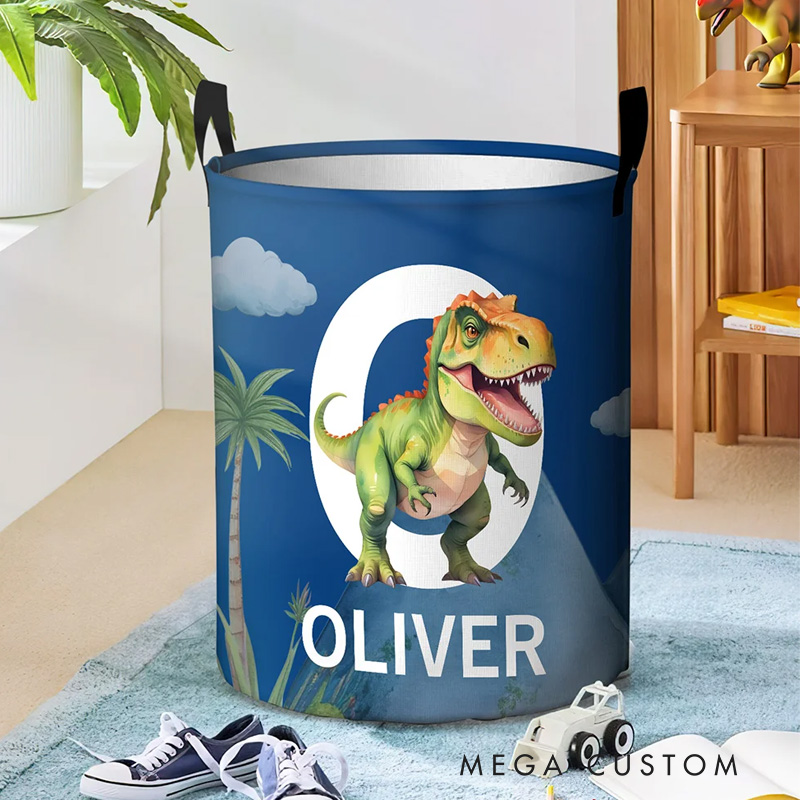 Personalized Cute Dinosaur Large Waterproof Name Initial Laundry Storage Basket with Handle Birthday Gift for Boys Girls