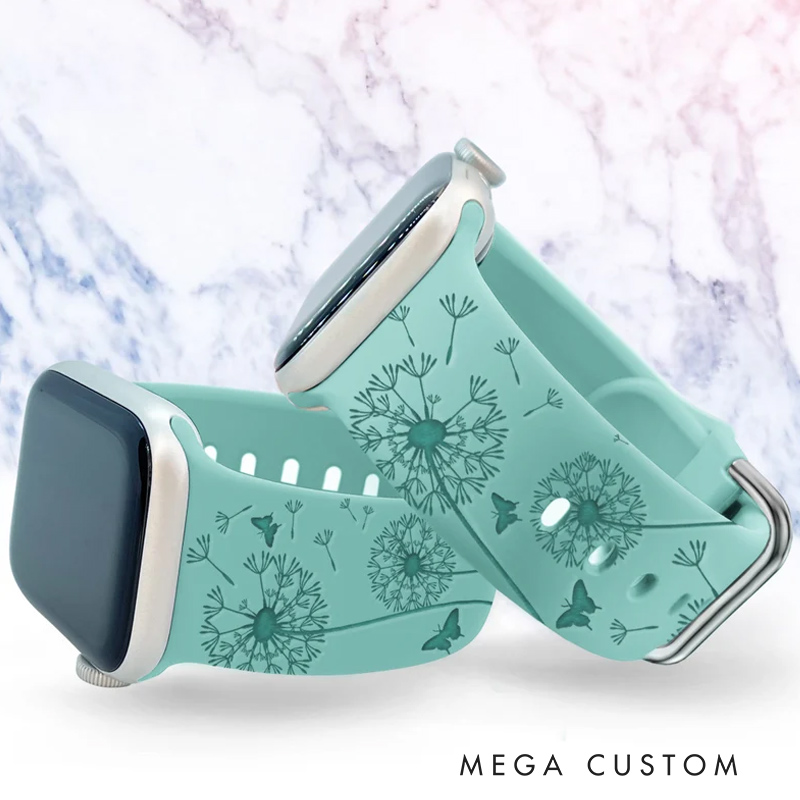 Personalized Dandelion Watch Band Compatible with Apple Watch iWatch Silicone Watch Band Engraved Wildflowers for Mother’s Day and Gardening Lover