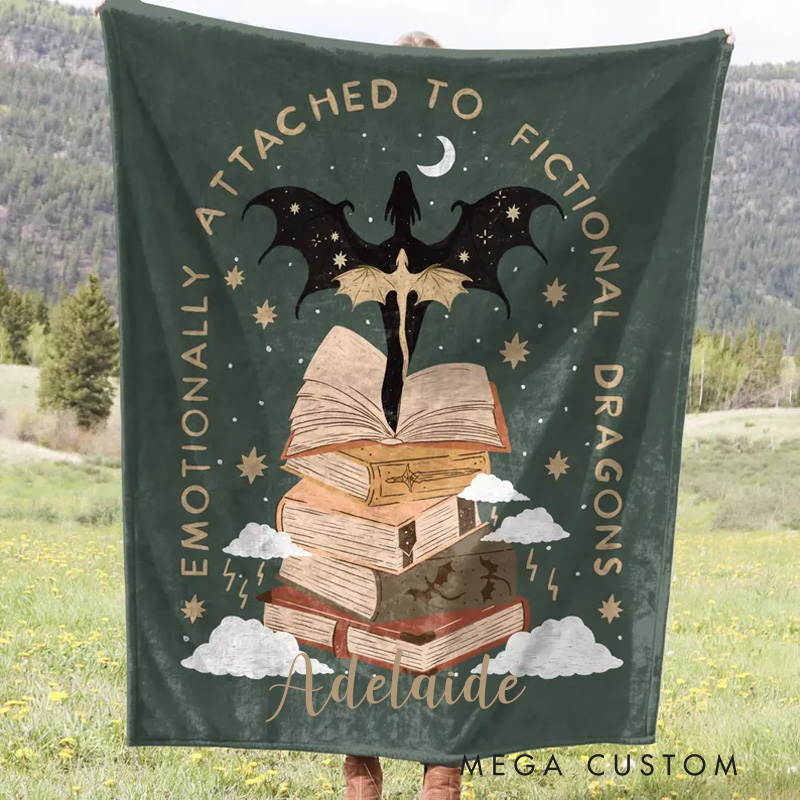 Personalized Emotionally Attached to Fictional Dragons Bookish Throw Blanket Fantasy Romance Blanket with Name Book Lover Gift Birthday Gift