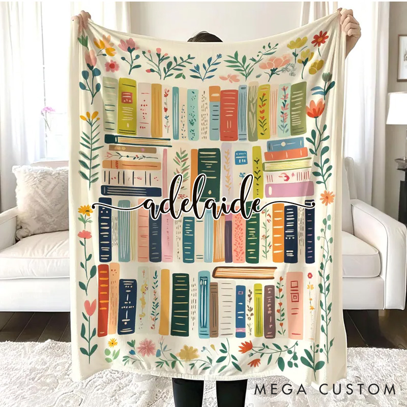 Personalized Vintage Library Throw Blanket Boho Wildflowers Bookish Quilt with Name Cottagecore Flower Librarian Gift Book Lover Gift