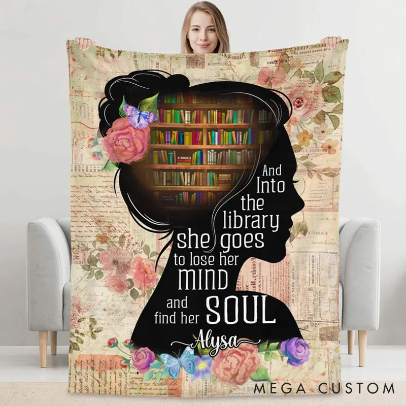 Personalized and into the Library Throw Blanket Flower and Girl Bookish Blanket with Name Book Lover Gift Librarian Gift