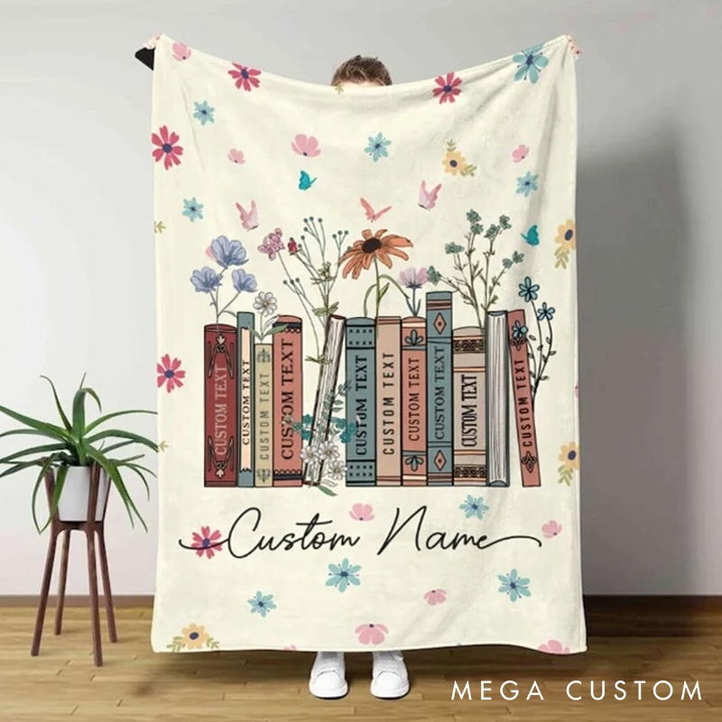 Personalized Floral Book Throw Blanket Custom Books and Name Library Blanket Bookish Blanket with Name Book Lover Gift Librarian Gift