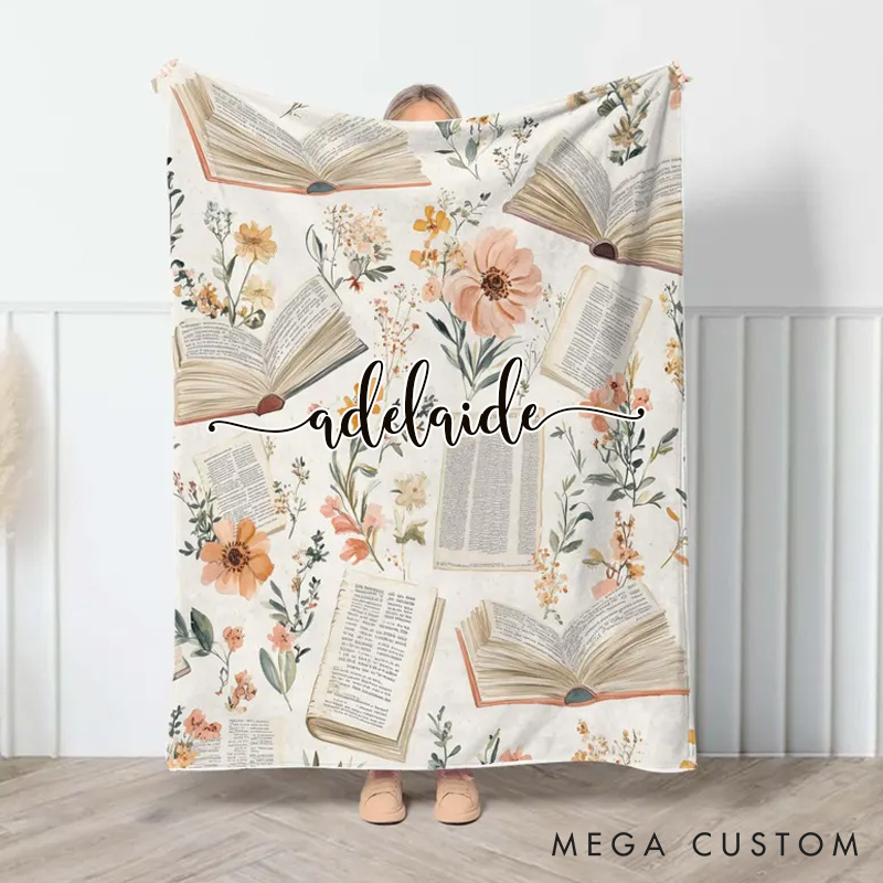 Personalized Vintage Library Throw Blanket with Name Custom Boho Wildflowers Bookish Blanket Book Lover Gift Librarian Gift