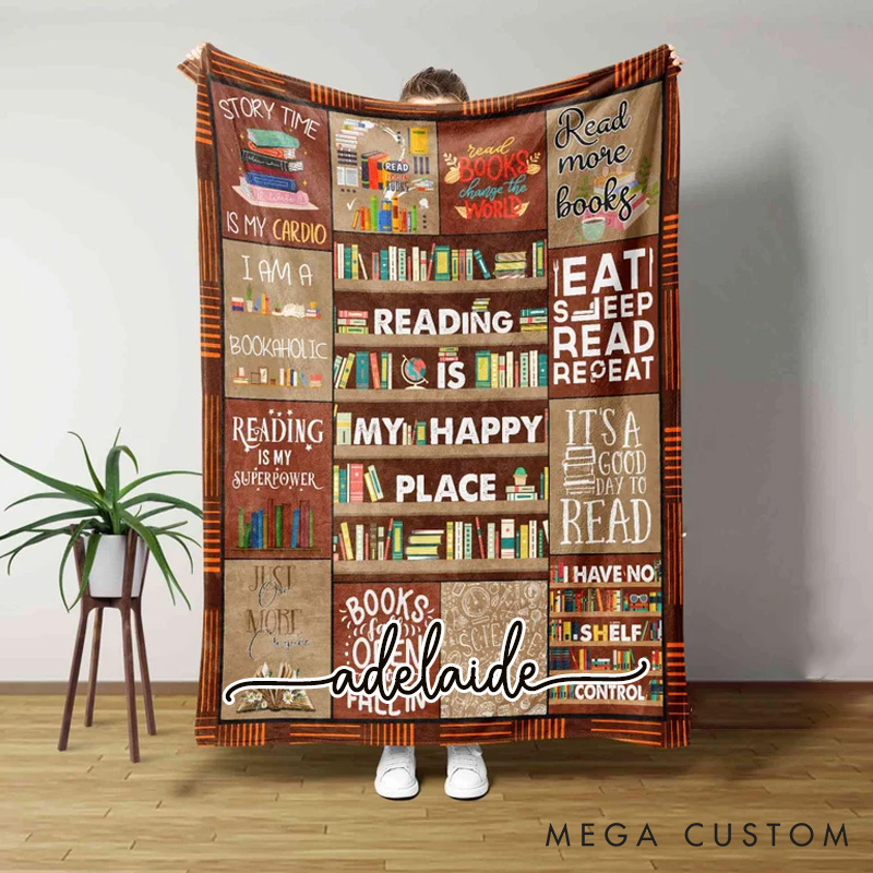 Personalized Reading is My Happy Place Throw Blanket Custom Bookish Blanket with Name Books Reading Blanket Book Lover Gift Librarian Gift