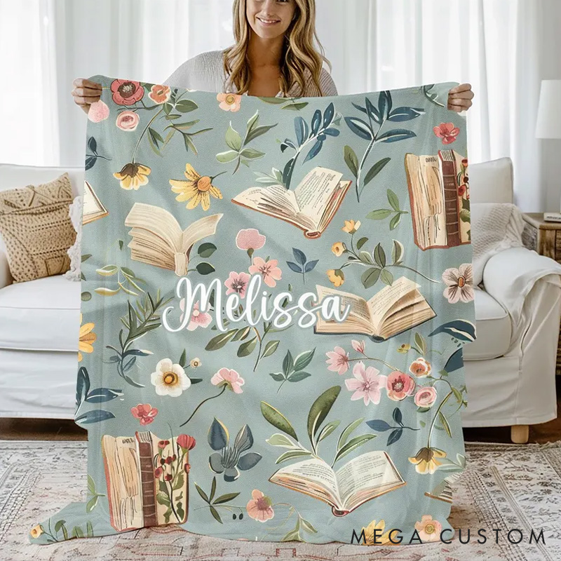 Personalized Floral Book Throw Blanket Custom Reading Nook Blanket with Name Books Reading Blanket Book Lover Gift Librarian Gift