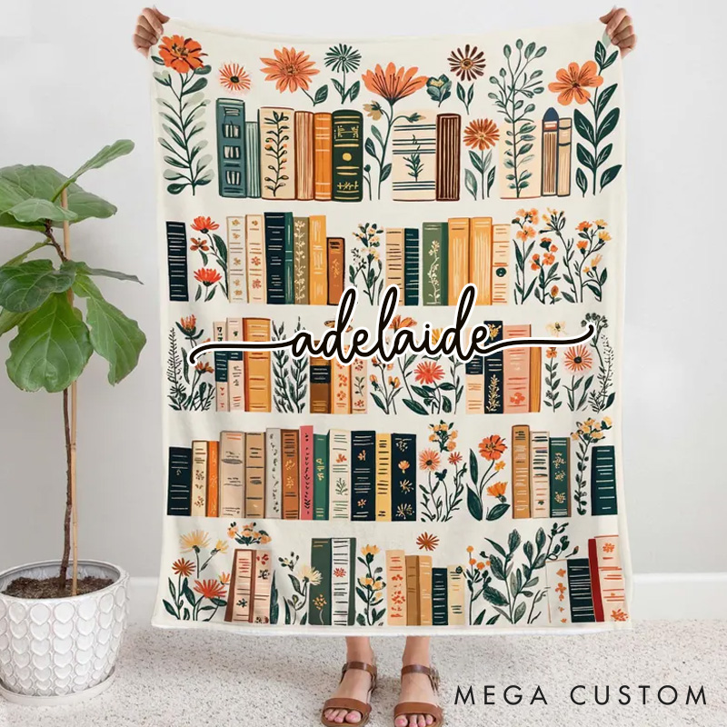 Personalized Vintage Bookshelf Library Throw Blanket Custom Boho Wildflowers Bookish Quilt with Name Book Lover Gift Librarian Gift