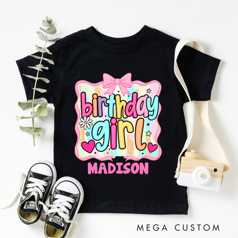 Personalized Birthday Girl Kids T-Shirt with Bright Colors and Fun Bow Design for Celebratory Style