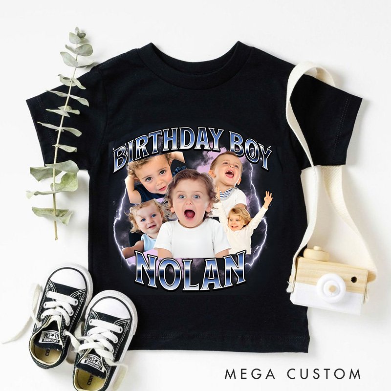 Personalized Birthday Boy Kids T-Shirt with Fun Character Kids Photo and Name for a Memorable Celebration