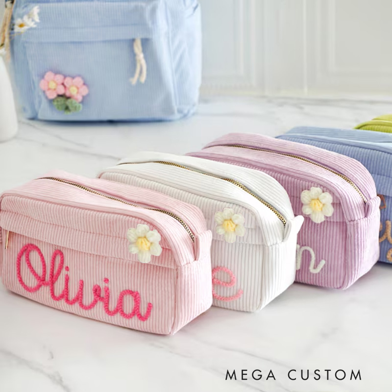 Personalized Yarn Name Pencil Case Crochet Flower Detail Back to School Gift