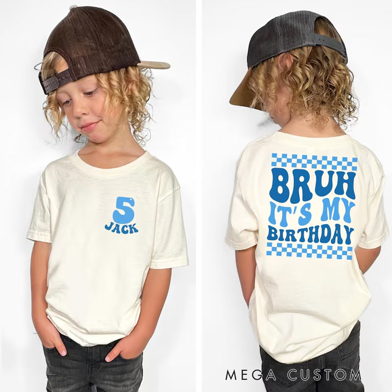 Personalized Birthday Bruh Kids T-Shirt with Cool Blue Design and Fun Text for a Trendy Celebration