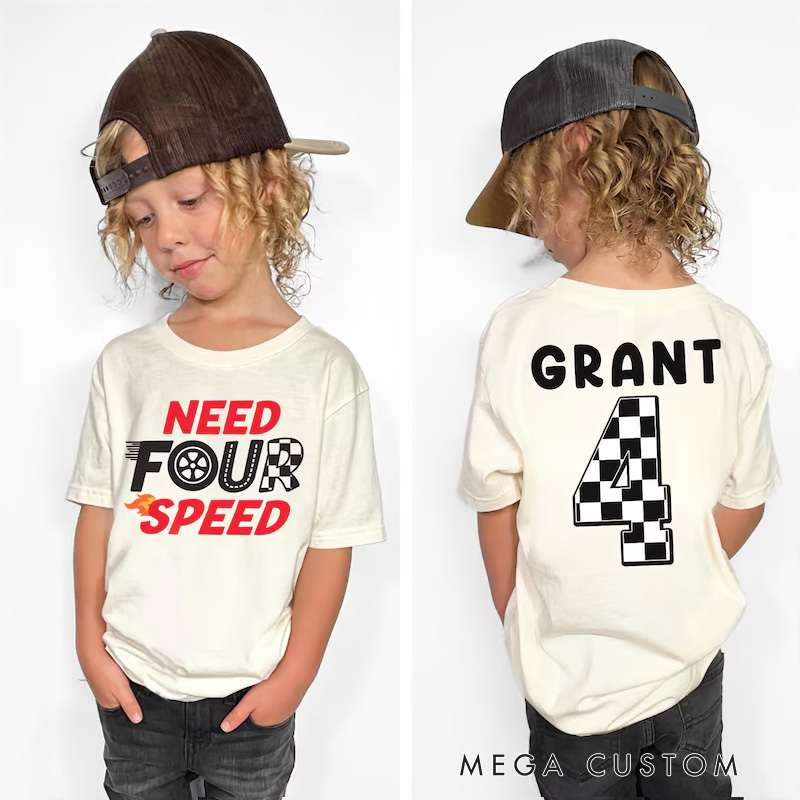 Personalized Birthday Need for Speed Kids T-Shirt with Racing Theme and Checkered Flag for Little Car Enthusiasts