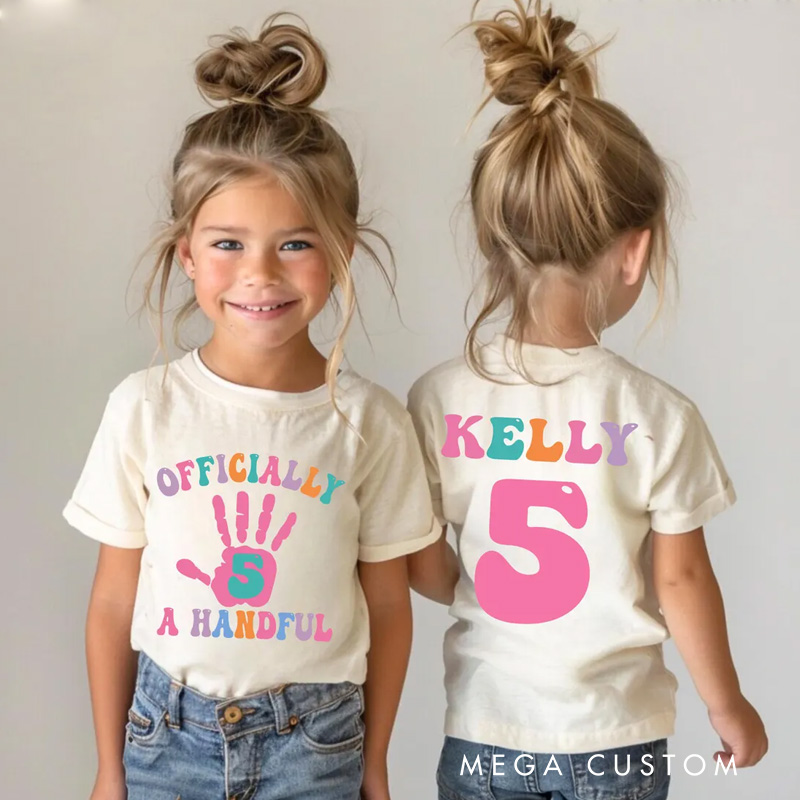 Personalized Officially a Handful Kids T-Shirt with Colorful Handprint and Name for a Fun Birthday Celebration