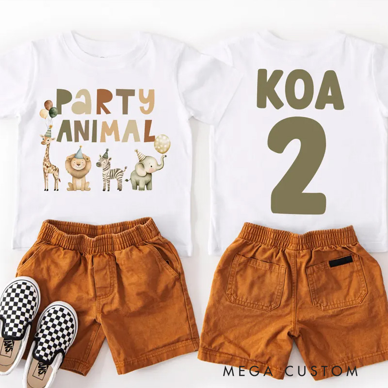 Personalized Party Animal Kids T-Shirt with Cute Animal Graphics and Gold Accents for a Wild Celebration