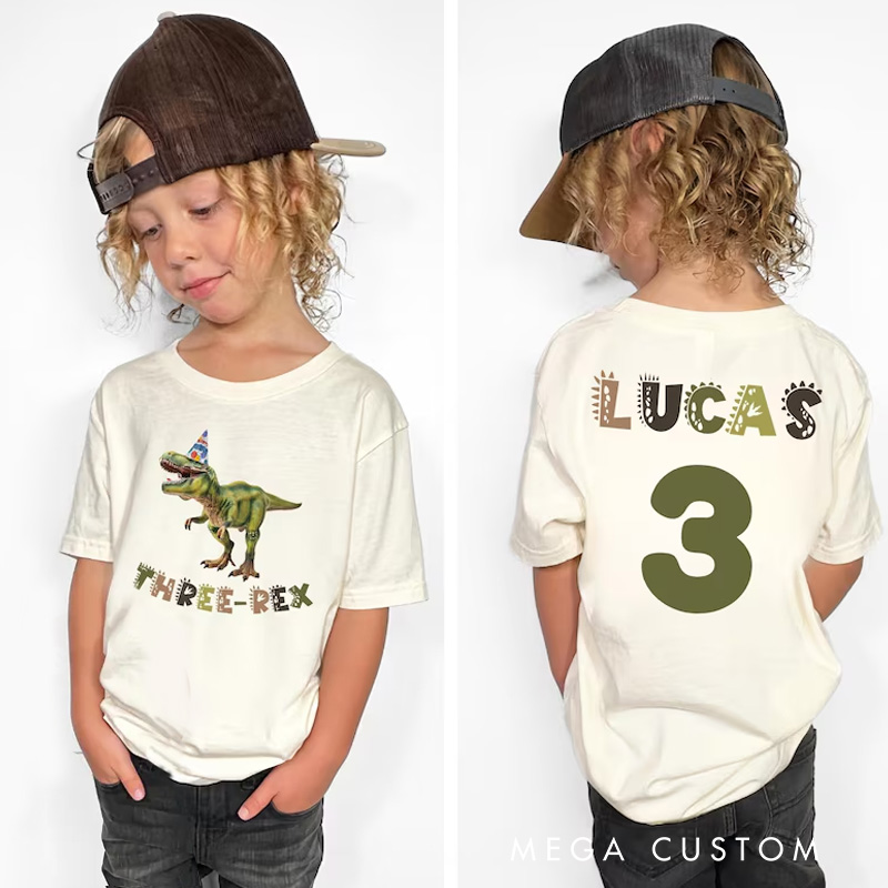 Personalized Dino Explorer Kids Birthday T-Shirt with Dinosaur Graphic and Name for Little Adventurers Birthday Gift