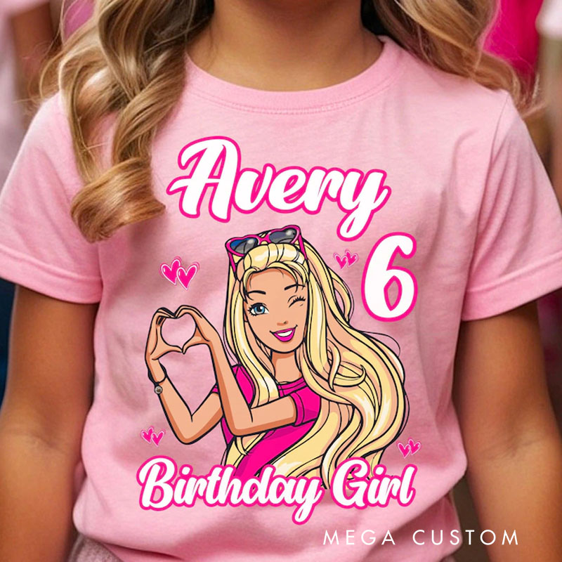 Personalized Birthday Girl Kids T-Shirt with Pink Princess Theme and Name for a Magical Birthday
