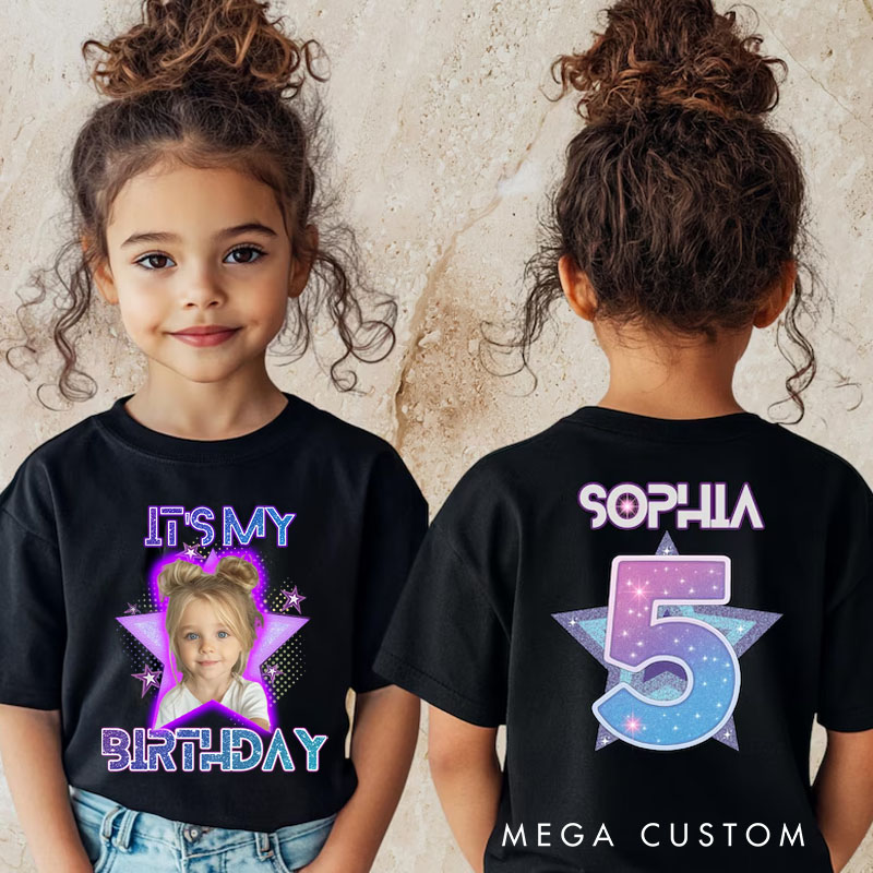 Personalized Birthday Celebration Kids T-Shirt with Bold Photo Design and Name for a Special Day