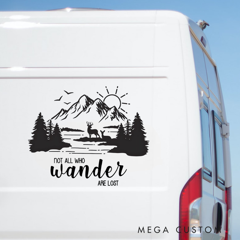 Personalized Camper Decal Mountain Deer Scene Not All Who Wander Are Lost Rv Decal Glamping Window Sticker Gift for Outdoor Adventure Enthusiasts
