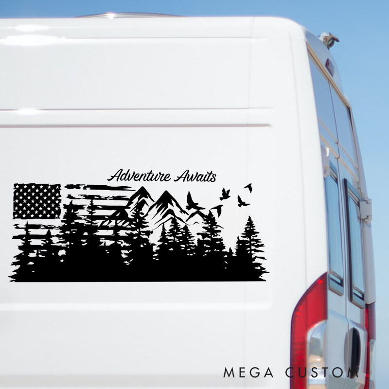 Personalized Camper Rv Decal Custom American Flag Decal Adventure Awaits Sticker Rv Graphic Camper Sticker Gift for Outdoor Enthusiasts
