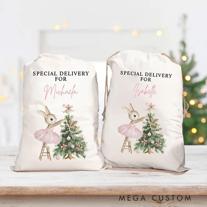 Personalized Christmas Tree Cute Pink Rabbit Santa Sack Gift Bag with Name Christmas Party Favors