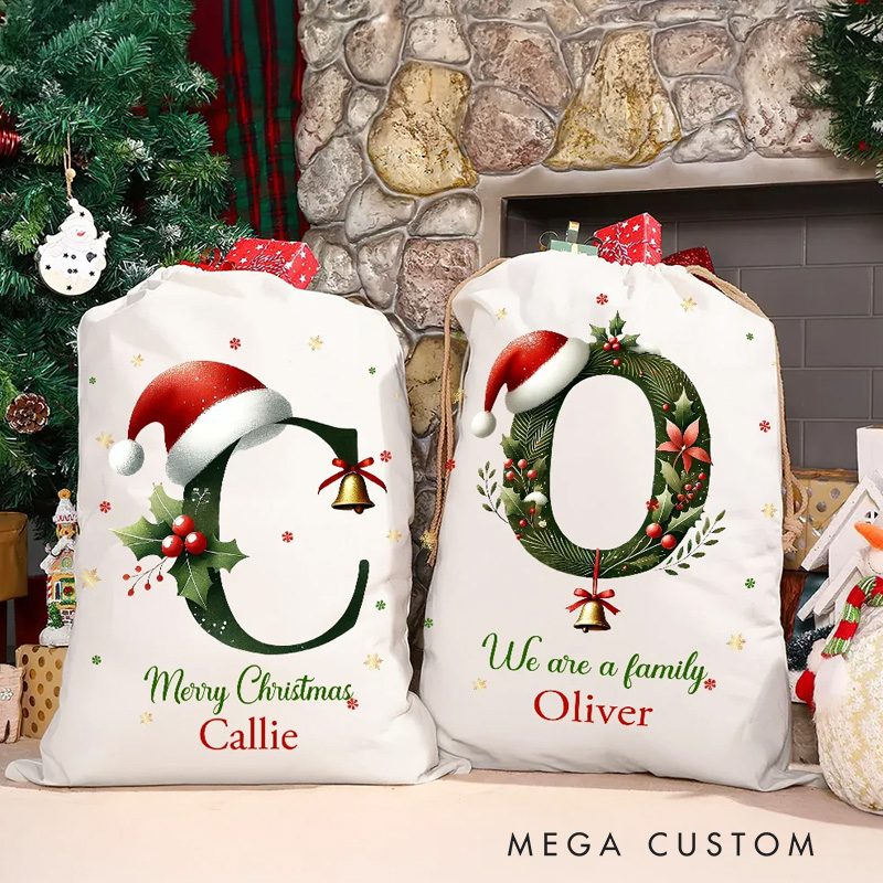 Personalized Bell Santa Hat Initial Drawstring Canvas Gift Bag with Name Text Christmas Party Gift 
