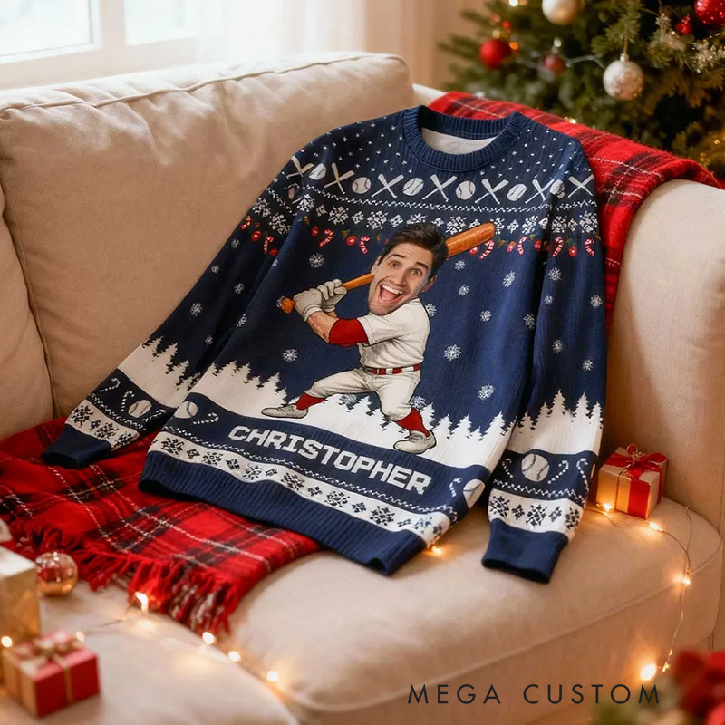 Personalized Baseball Christmas Ugly Sweatershirt with Custom Face and Name  