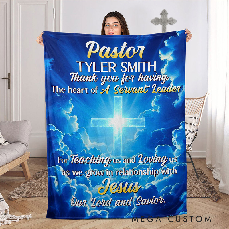 Personalized Thank You Pastor Soft Throw Blanket with Name Home Decor Blue Skies Clouds Cross Blanket Religious Appreciation Gift for Pastor