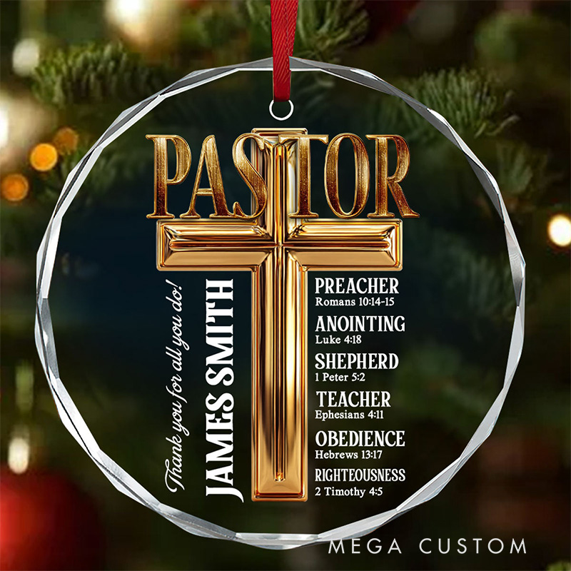Personalized to My Pastor Round Shaped Glass Hanging Ornament with Name Tree Decoration Christmas Gift for Christian Appreciation Gift for Pastor