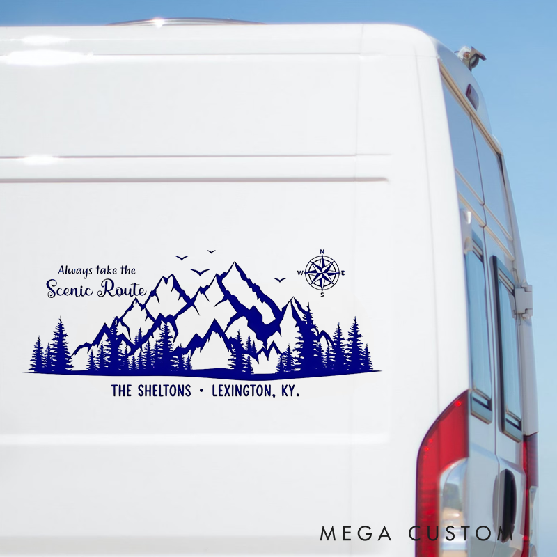 Personalized Scenic Route Mountain Rv Decal Camper Decor with Compass Gift for Outdoor Adventure Lover