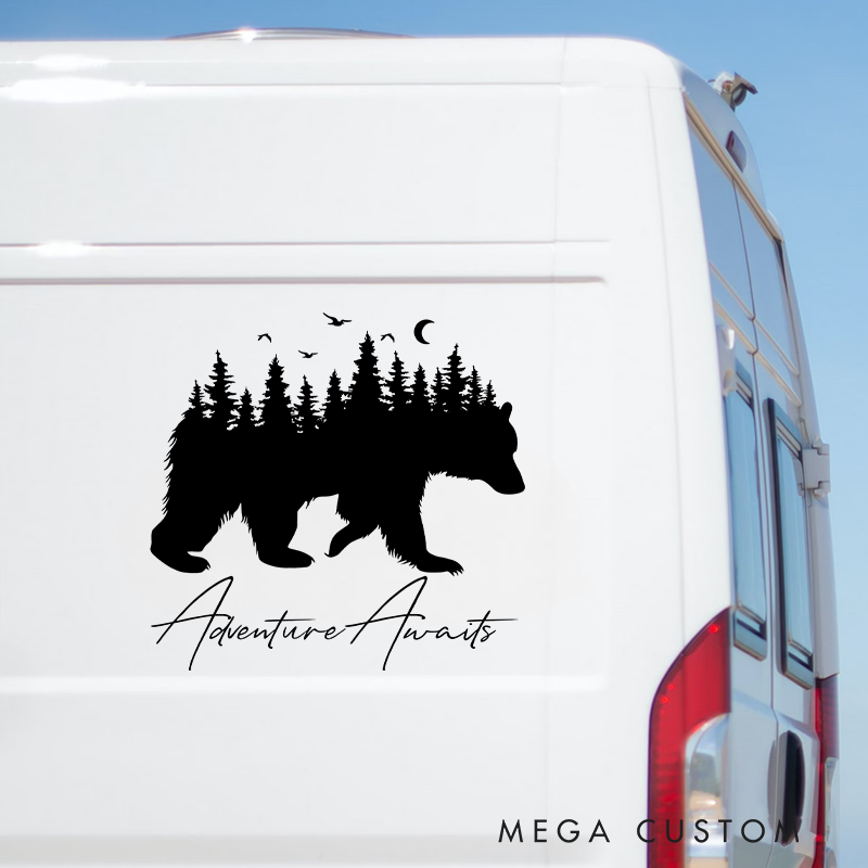 Personalized Adventure Awaits Car Decal Bear and Forest Silhouette Decal for Outdoor Adventure Hiking Lover