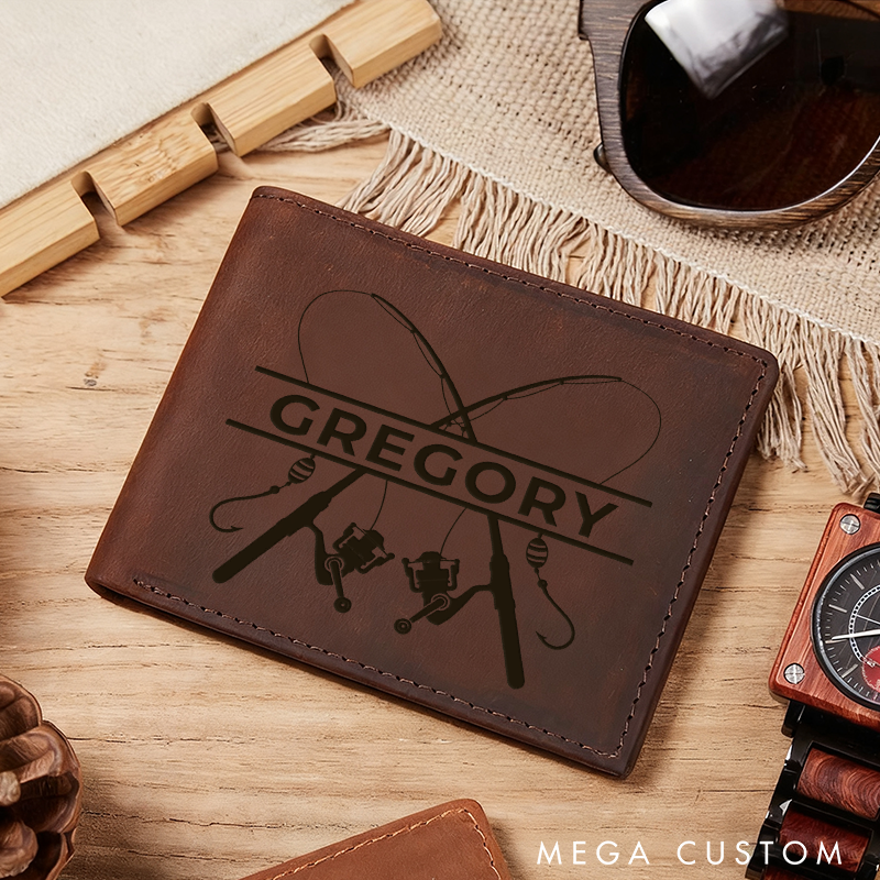 Personalized Fishing Leather Wallet Fishing Gifts for Men Fishing Rod Gift for Him Fisherman Wallet Hunting Gift for Boyfriend Bass Engraved Leather Gift