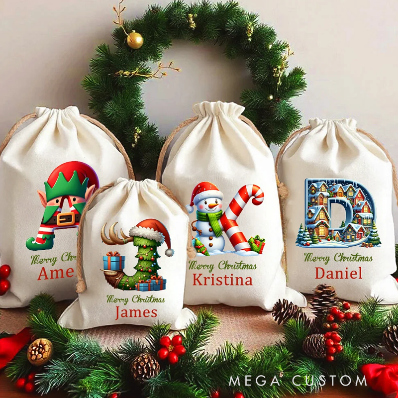 Personalized Christmas Tree Snowman Elf Igloo Drawstring Canvas Gift Bag with Name Initial Christmas Party Favors Gift