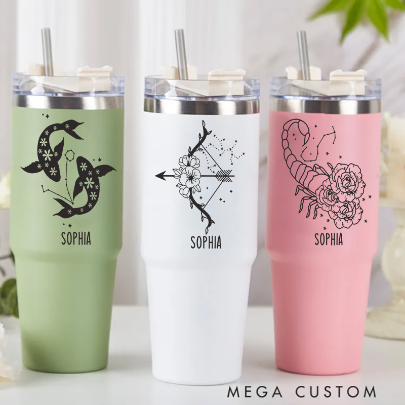 Personalized Stainless Steel Cup with Straw Custom Insulated Tumbler With Zodiac Signs Custom Insulated Tumbler With Name Birthday Gift