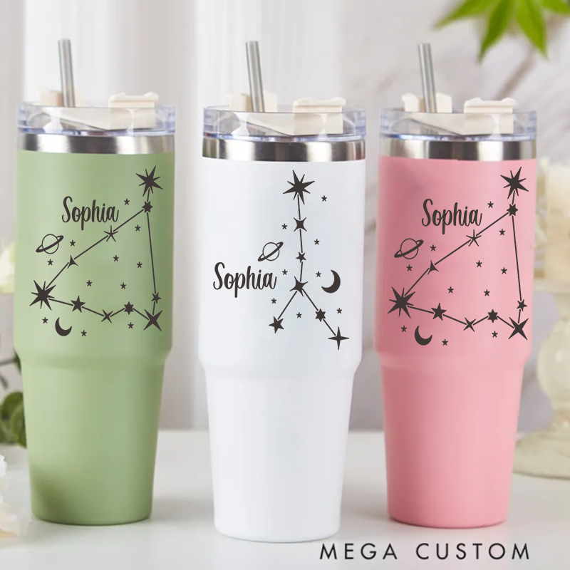 Personalized Stainless Steel Cup with Straw Custom Insulated Tumbler With Zodiac Signs Custom Insulated Tumbler With Name Birthday Gift