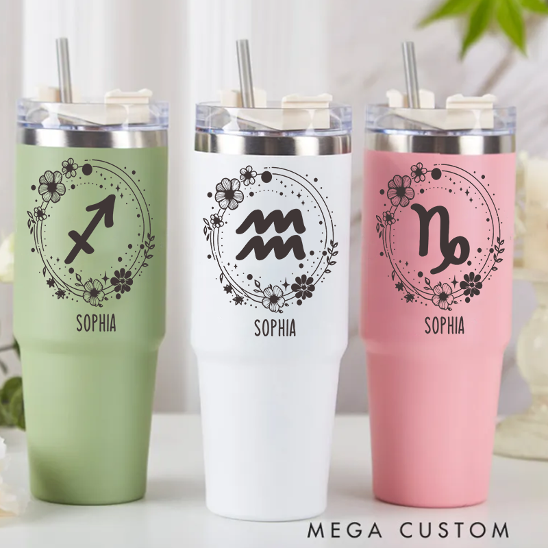 Personalized Stainless Steel Cup with Straw Custom Insulated Tumbler With Zodiac Signs Custom Insulated Tumbler With Name Birthday Gift