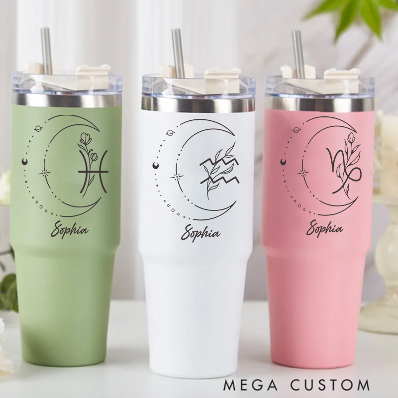 Personalized Stainless Steel Cup with Straw Custom Insulated Tumbler With Zodiac Signs Custom Insulated Tumbler With Name Birthday Gift