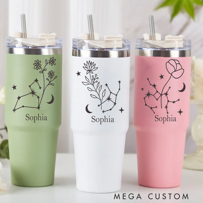 Personalized Stainless Steel Cup with Straw Custom Insulated Tumbler With Zodiac Signs Custom Insulated Tumbler With Name Birthday Gift